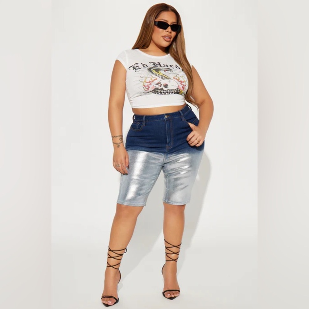 NWOT Metallic Silver Ombre Denim Bermuda Shorts